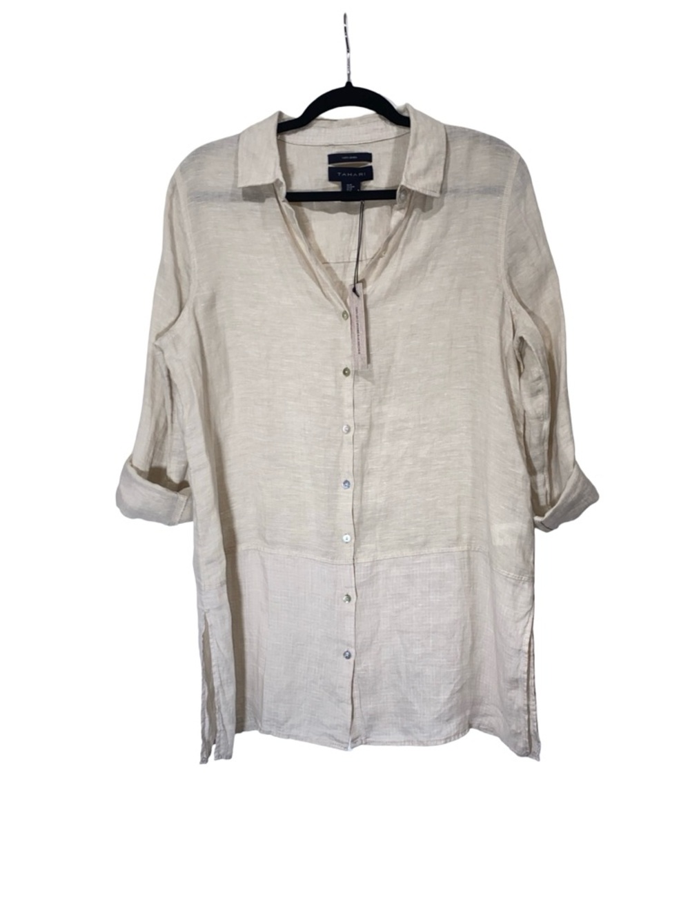 Tahari 100% Linen Button Down Shirt Cream Beige Neutral Size M — NWT - Picture 2 of 7